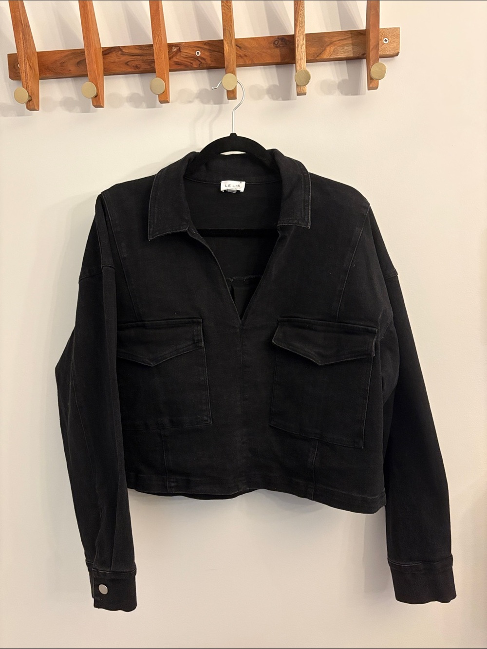 Le Lis Black Boxy Jean Shirt with Front Flap Pockets